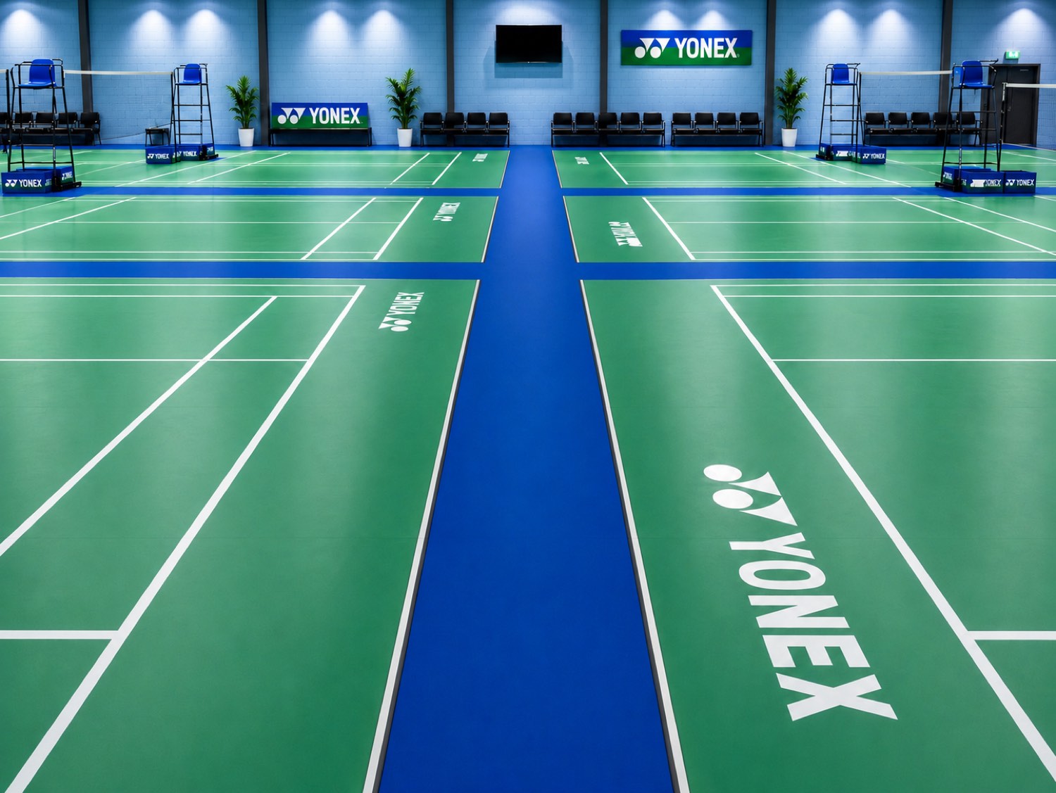 Ground-level view of the professional courts at Mount Waverley Badminton Centre